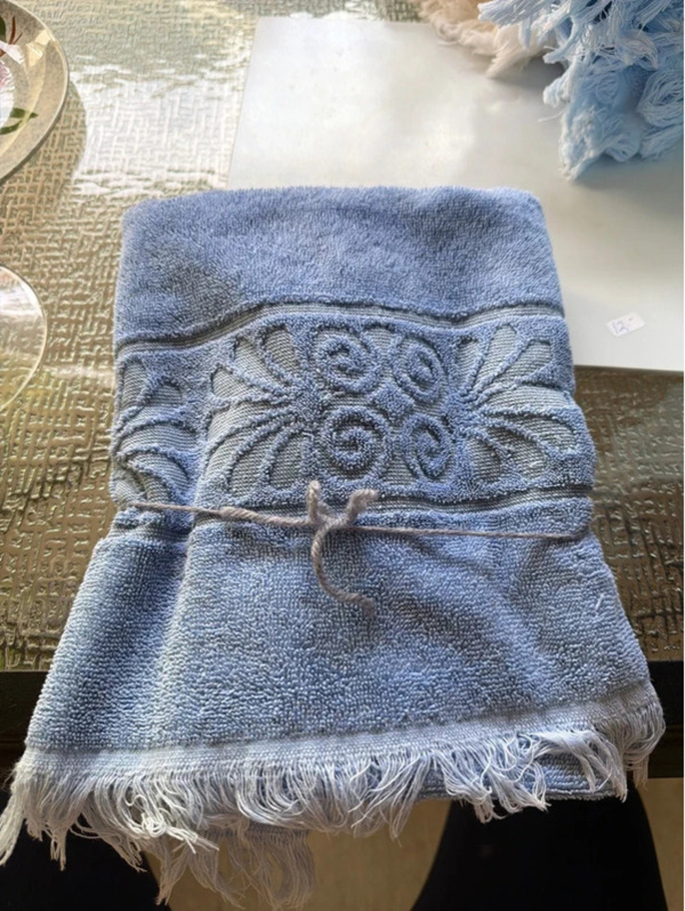 Vintage Blue Fringed Bath Towel – Raised Floral Scroll Design